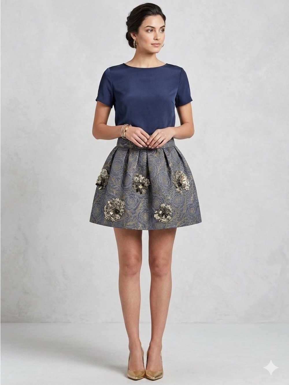 Zara Navy Floral Embellished Circle Skirt
